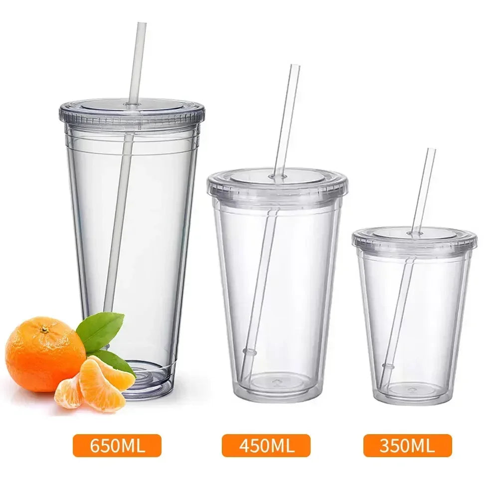 Clear Tumbler with Straw Reusable Transparent Double-layer Water Bottle for Coffee Milk DIY Smoothie Cup Drinkware