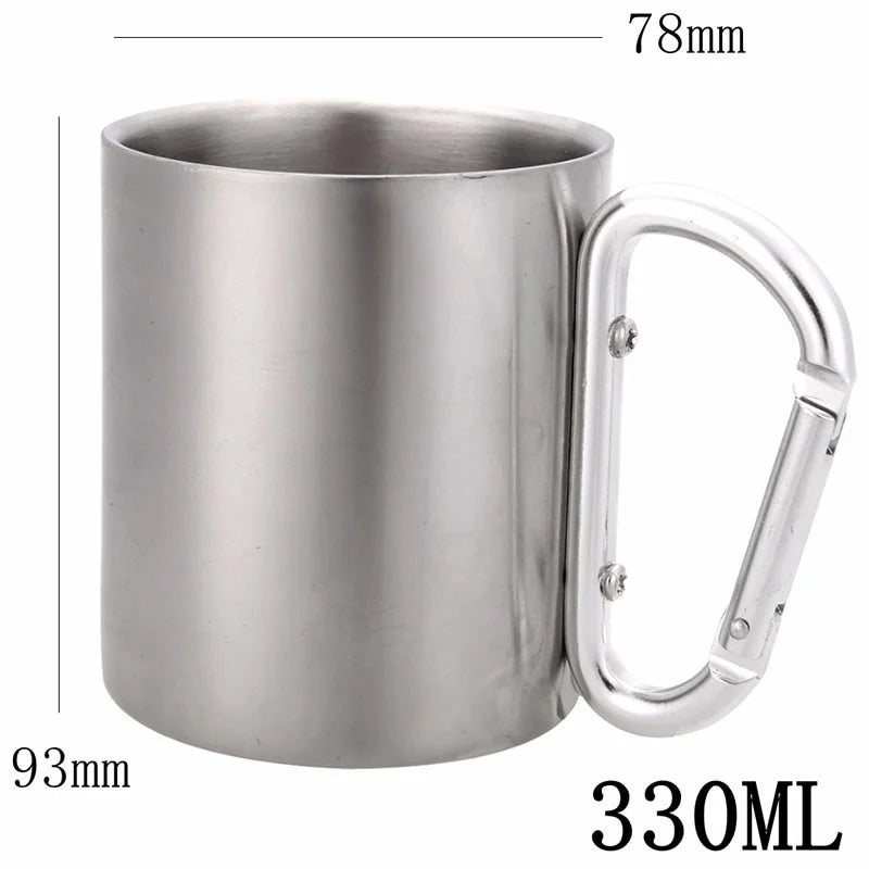 Tumbler 300ml Stainless Steel Travel Water Tea Coffee Mug Self Lock Carabiner Handle Cup For Camping Hiking Climbing Outdoor